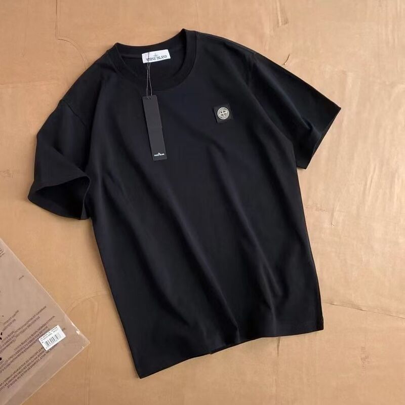 Cross-Border Stone Basic Classic Solid Color Short-Sleeve Embroidered Small Logo Island Round Neck Base T-Shirt Unisex Trendy Brand