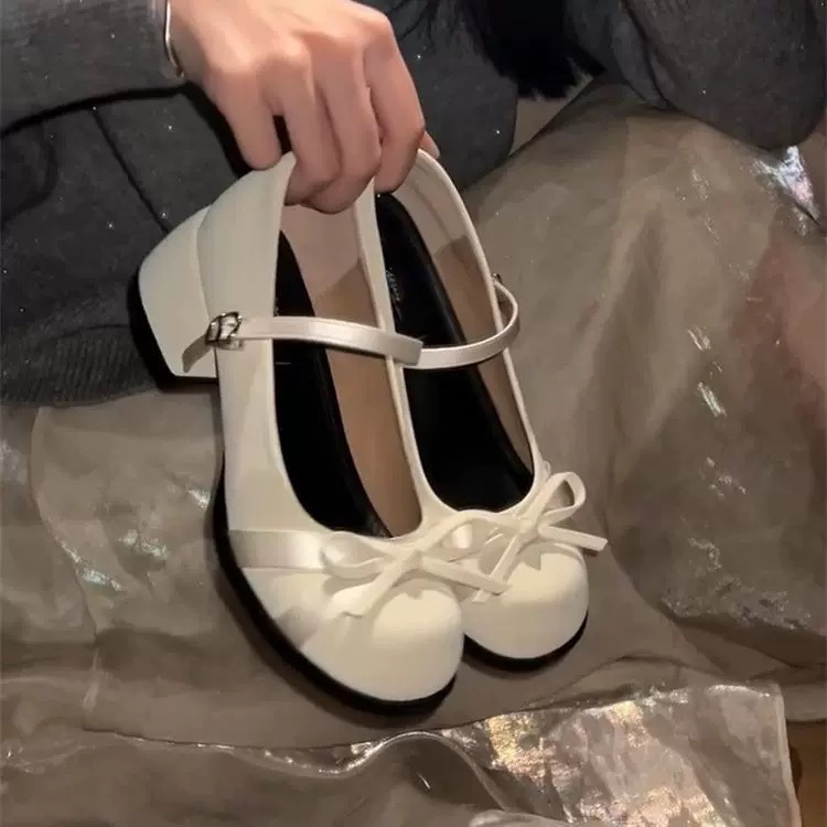 French White Thick Heel Mary Jane Shoes for Women 2025 New Autum Versatile Bow Fairy Style Shallow Mouth Shoes