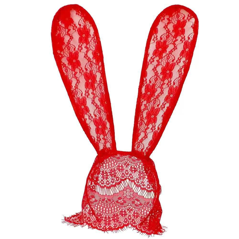 Black Lace Rabbit Ears Headband with Veil Mask for Party Photography — detail image 11