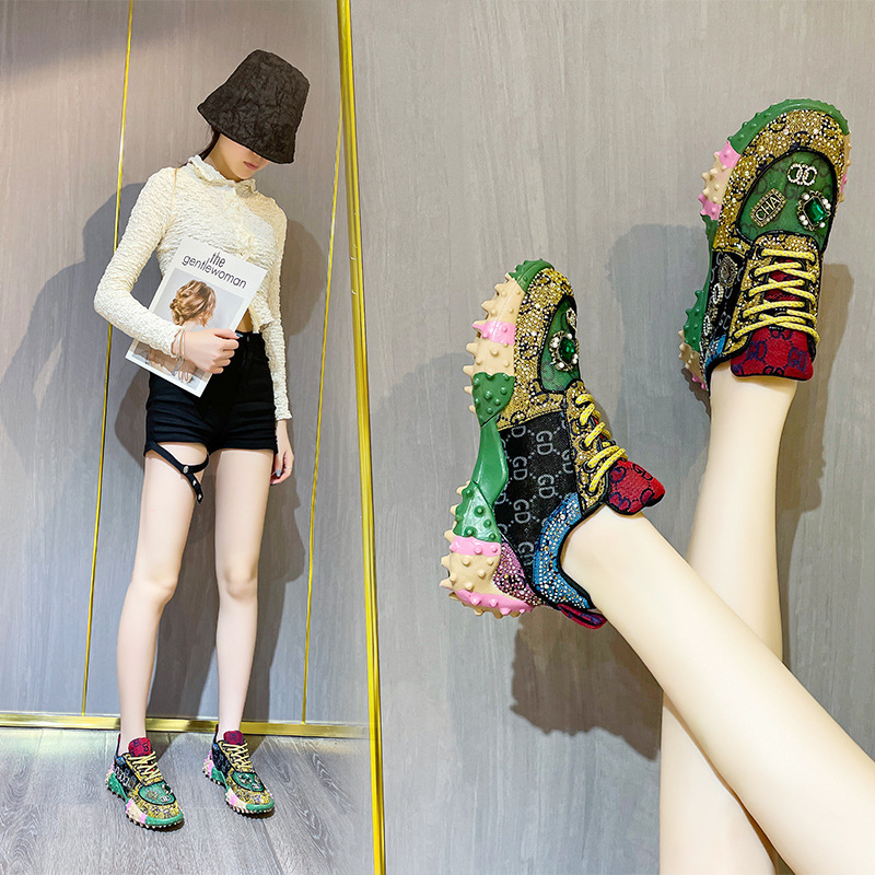 European Station 2026 Early Spring New Trendy Durian Rhinestone Studded Dad Shoes for Women, Ins-Style Rhinestone Flats, Thick-Soled