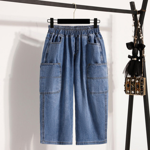 Real Shot in Stock Plus Size Women's Summer Elastic Waist Loose Slimming Look Multi-Flap Pocket Pants Casual Denim 7-Point Pants