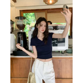 韩版缩褶V翻领短袖t恤女夏季甜美小衫气质显瘦针织上衣