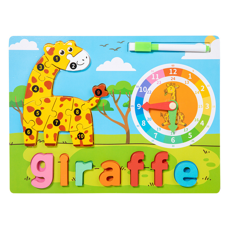 Certificado CE transfronterizo personalizado jardín de infantes educación temprana animales ortografía de palabras en inglés rompecabezas reloj material didáctico tablero de dibujo