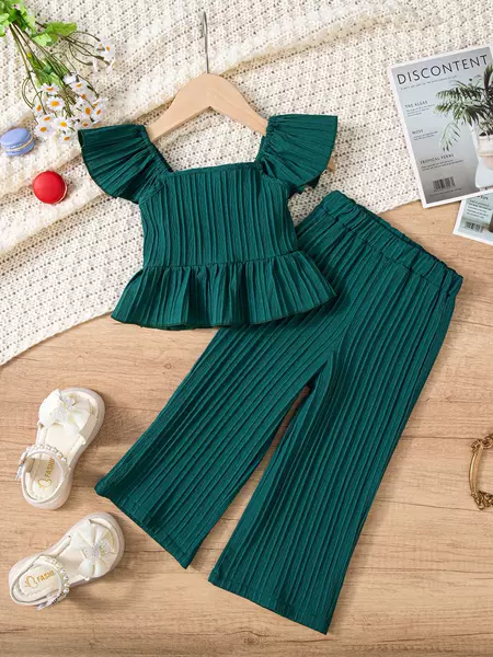 2025 new summer girls suit bow doll shirt small fly sleeve top solid color texture casual trousers