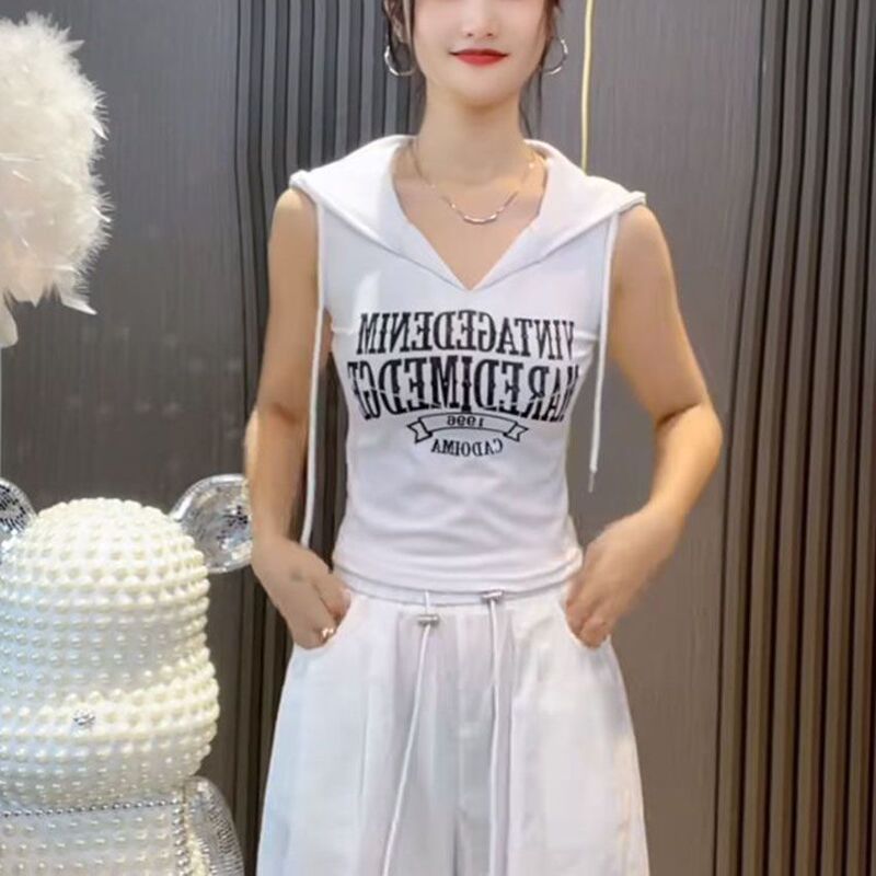 Cross-Border Wholesale Korean-Style Sweet and Spicy Hooded Vest, New Summer Letter-Printed Trendy Short Top