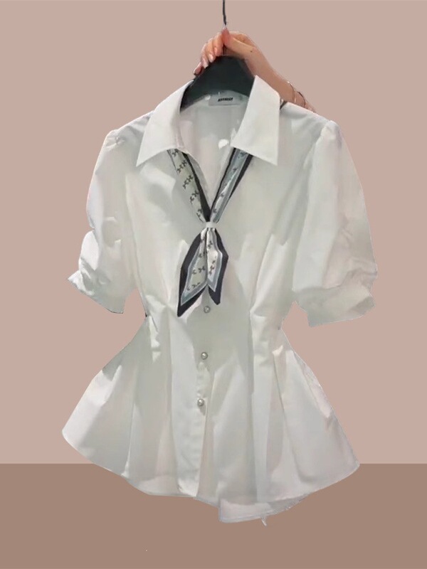 Women's Shirt 2026 Summer New Style Plus-Size Design Short-Sleeve V-Neck Tie-Waist Slimming White Top