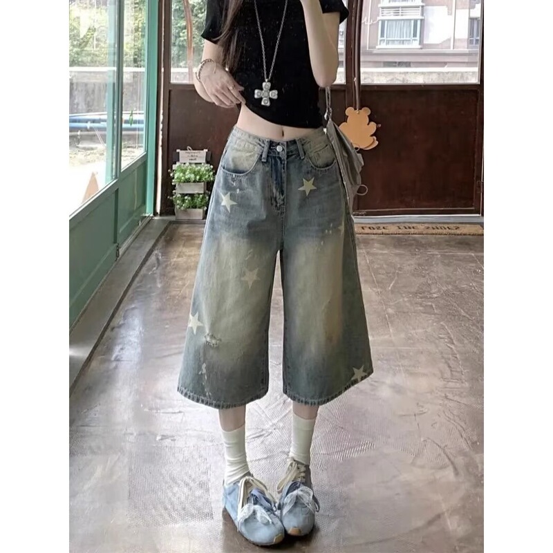 Cross-border American retro star-print denim cropped pants, summer thin mid-length loose washed wide-leg shorts Cross-border American retro star-print denim cropped pants, summer thin mid-length loose washed wide-leg shorts