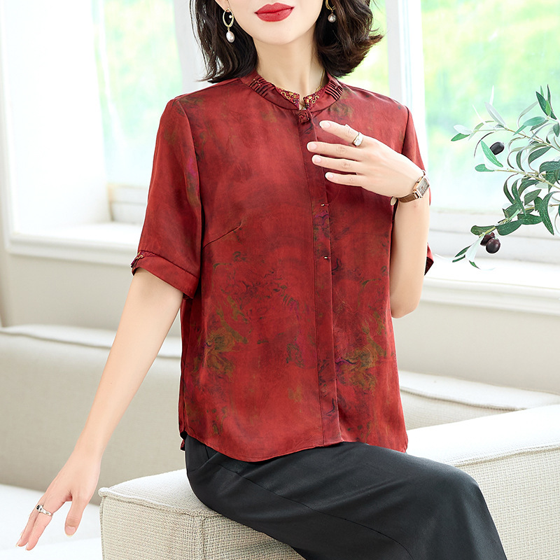 2025夏季中国风香云纱上衣新款复古衬衣短袖妈妈装衬衫阔腿裤套装|undefined