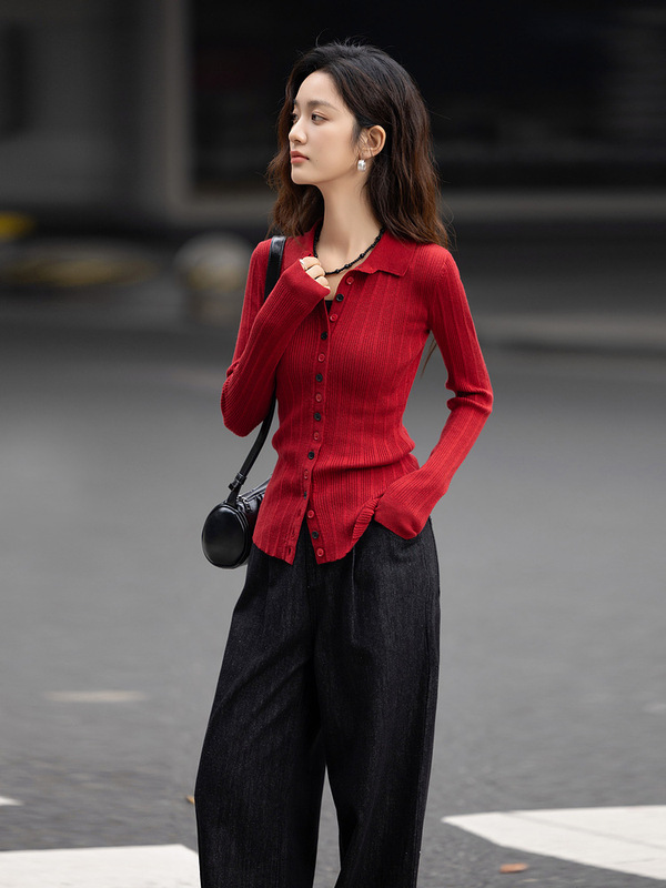 时尚修身25春新款复古撞色钉扣线衫含绵羊毛内搭显瘦针织衫女上衣|undefined