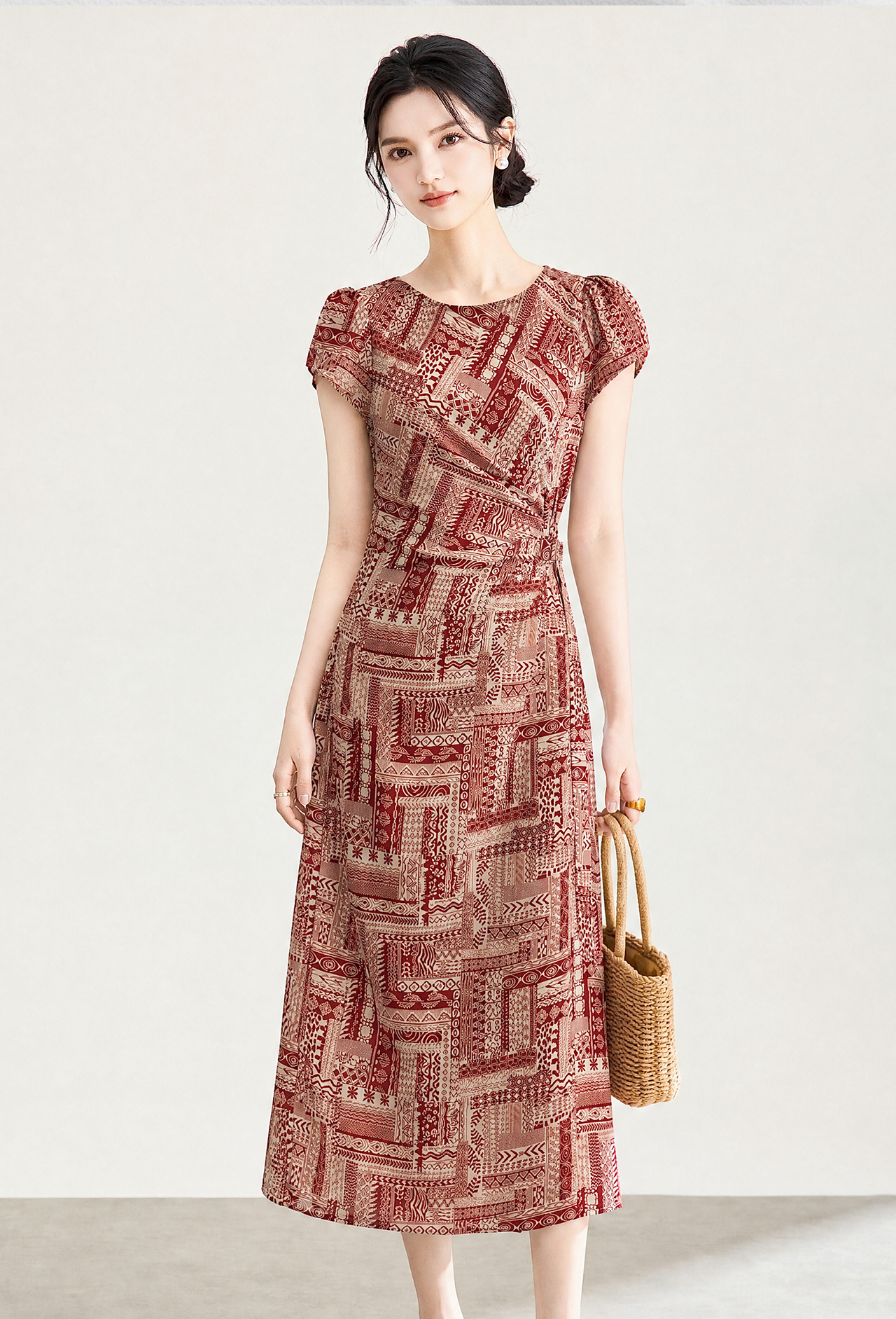 Đầm maxi nữ họa tiết bohemian tay ngắn thắt eo chất liệu voan — màu hồng chi tiết 3