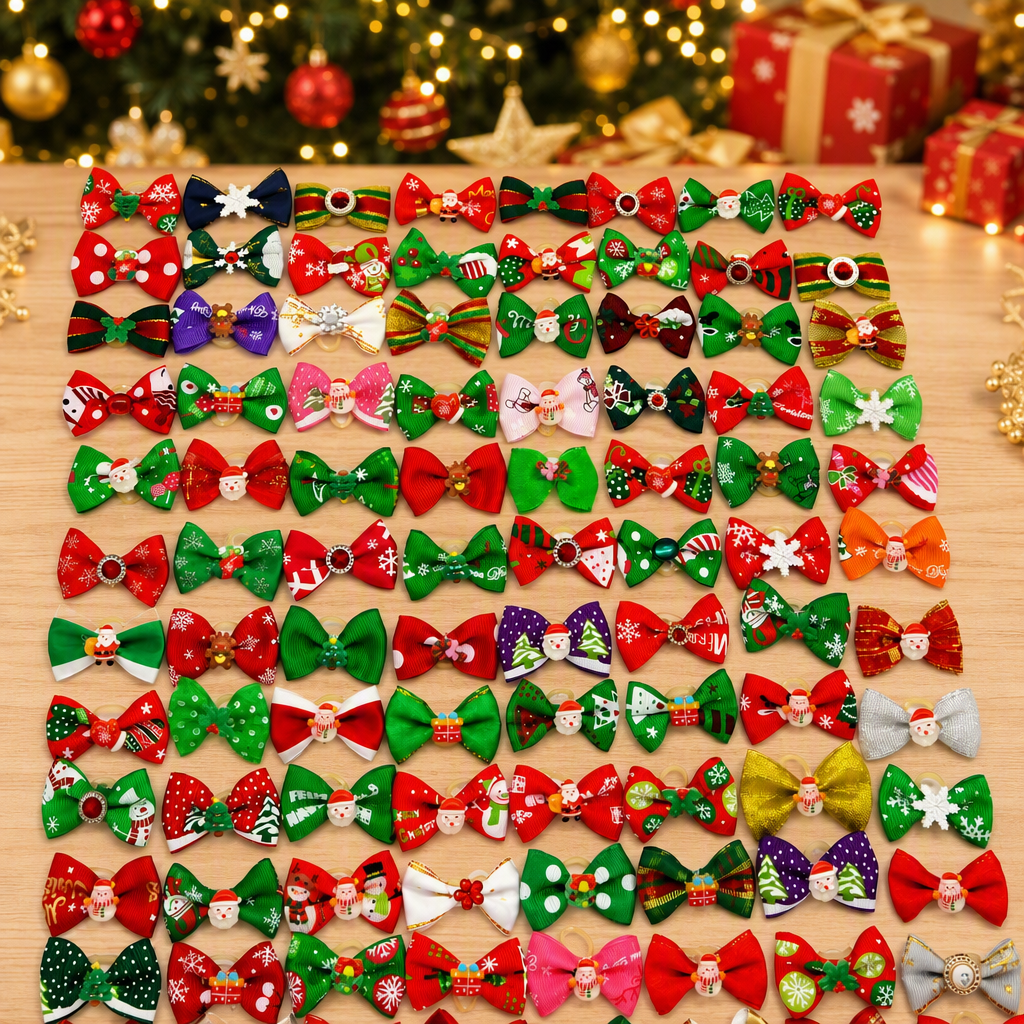 Pet Hair Clips, Bow Hair Flowers, Santa Claus and Snowman Shaped Dog Hair Flowers, Rubber Bands, Cross-Border Ready Stock, Customizable