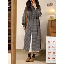 日系复古格子长袖衬衫裙2024秋季叠穿慵懒风小个子气质棉麻连衣裙