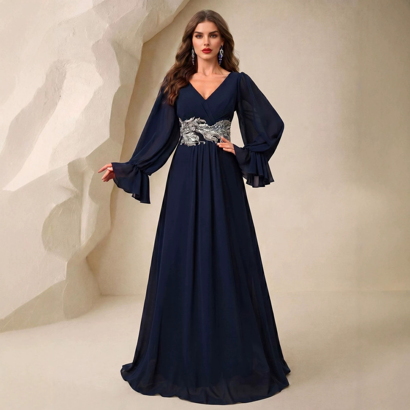 Cross-Border V-Neck Chiffon Lantern Sleeve Dress with Waist Sequin Embroidery Decoration, Pleated Elegant Large Hem Gown Dress Cross-Border V-Neck Chiffon Lantern Sleeve Dress with Waist Sequin Embroidery Decoration, Pleated Elegant Large Hem Gown Dress