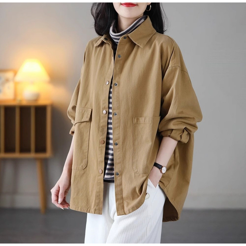 棉布外套女文艺宽松大码显瘦休闲百搭风衣韩版秋季长袖衬衫
