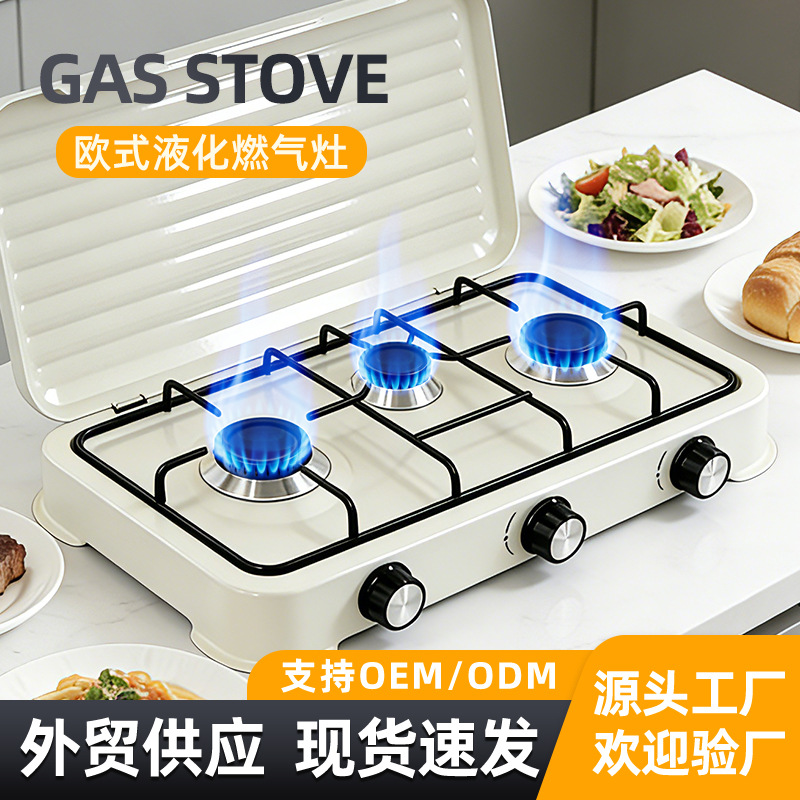 gas stove 户外燃气灶手动点火带盖欧化炉三眼灶出口