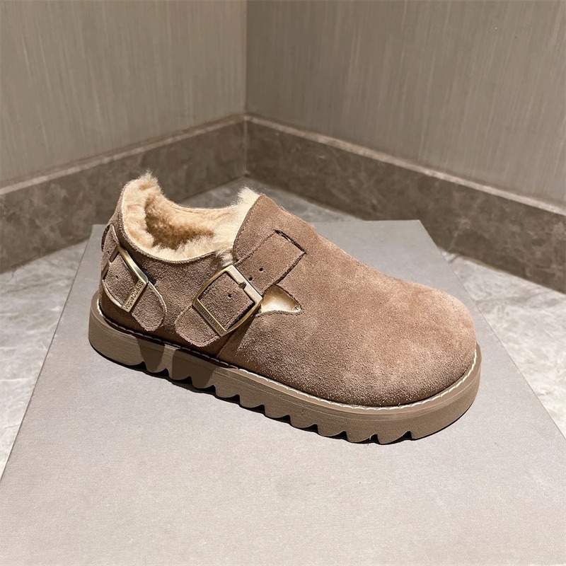 2023 Autumn/winter New Korean Edition Versatile Thick Sole, Plush, and Thickened Cotton Shoes, Mesh Red Fashion Round Toe Bucken Shoes_voghion.com