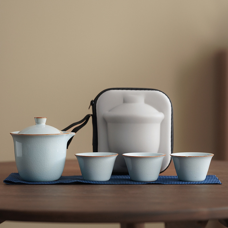 Ru Kiln Travel Tea Set Quick Tea Cup Set with One Pot and Three Cups, Storage Bag, Portable Outdoor Gift