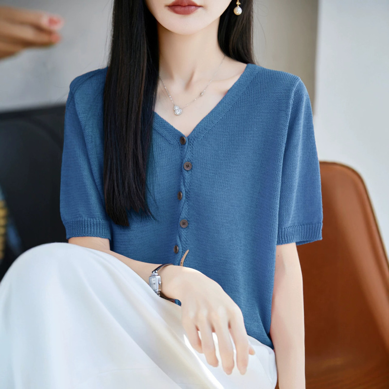 2026 New Style V Neck Cut Out Knitwear Short-Sleeved T-Shirt Cardigan for Women Summer Thin Style Ice Silk Top A12079