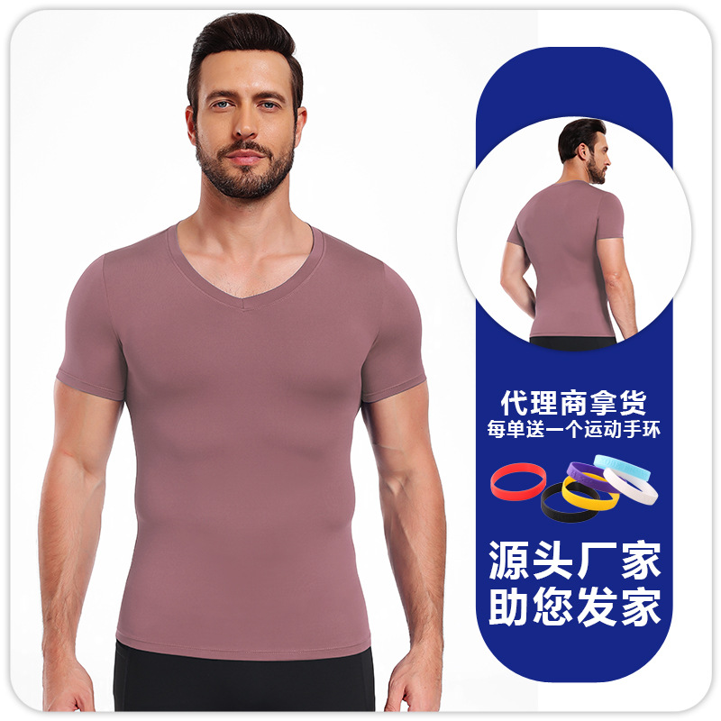 Hombres camiseta de cuello en V ajustado de color sólido de alto elástico camiseta deportiva de base rápida secado transpirable acondicionamiento físico correr baloncesto mangas cortas