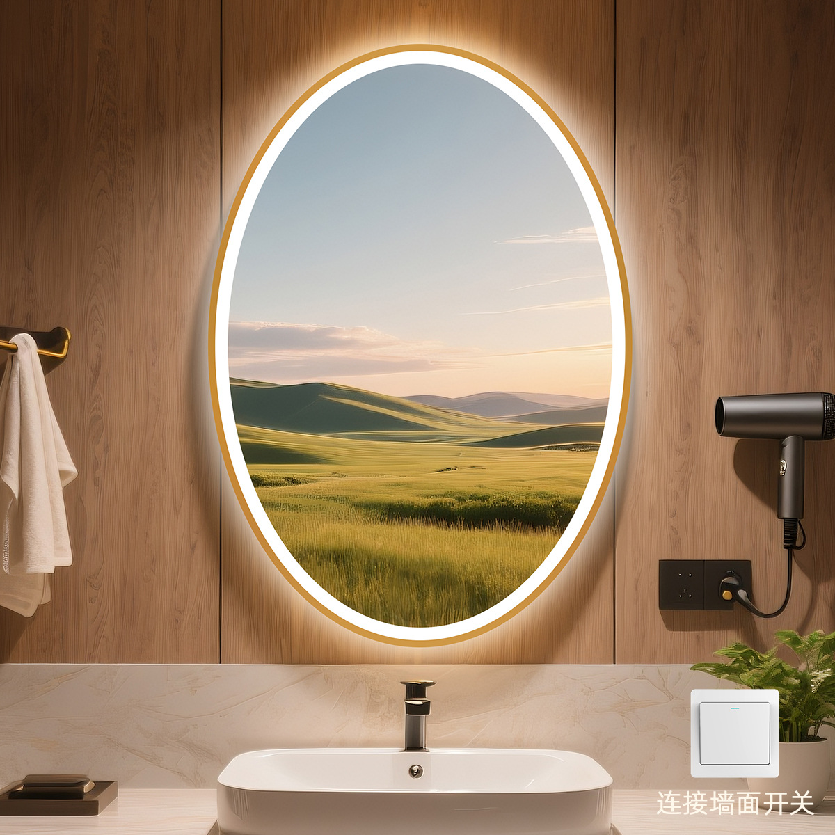 Hoteles transfronterizos residenciales espejo inteligente con marco de aleación de aluminio sin perforación de pared LED con lámpara de lámpara anti niebla baño elíptico