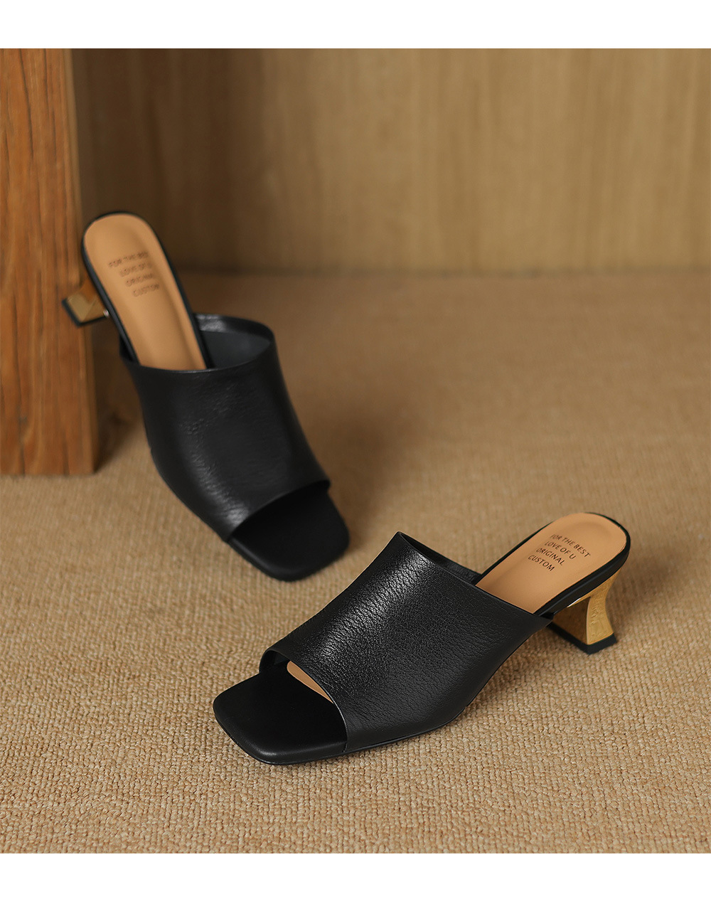 Sandal cao gót nữ mũi hở da cừu gót vuông 5 cm — đen chi tiết 17