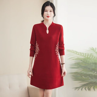 妈妈装针织连衣裙中长款旗袍领上衣2026秋装中老年女士气质毛衣裙