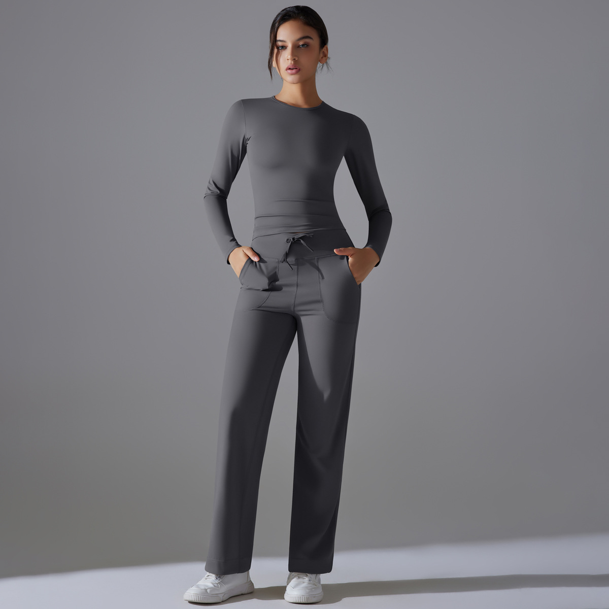 Cross-border double face nylon color sólido larga manga larga set de yoga de cintura alta piernas anchas ejercicio ejercicio ejercicio dos piezas set