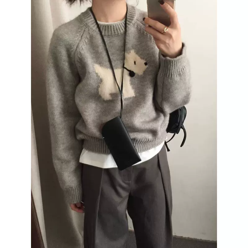 慵懒风提花套头卡通小狗毛衣女秋冬韩国东大门宽松针织衫灰色上衣