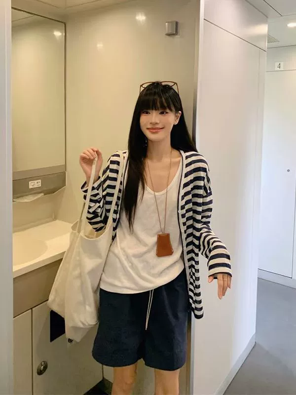 Retro long-sleeve, summer thin jacket, V-neckline, sun protection, oversize