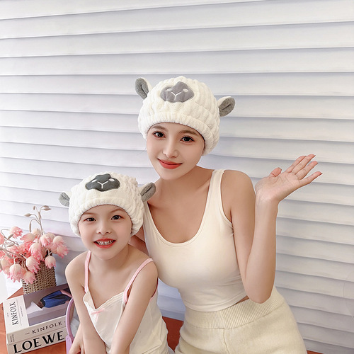 Dry hair cap wholesale coral velvet cartoon lamb absorbent dry hair cap parent-child absorbent shower cap one piece drop shipping