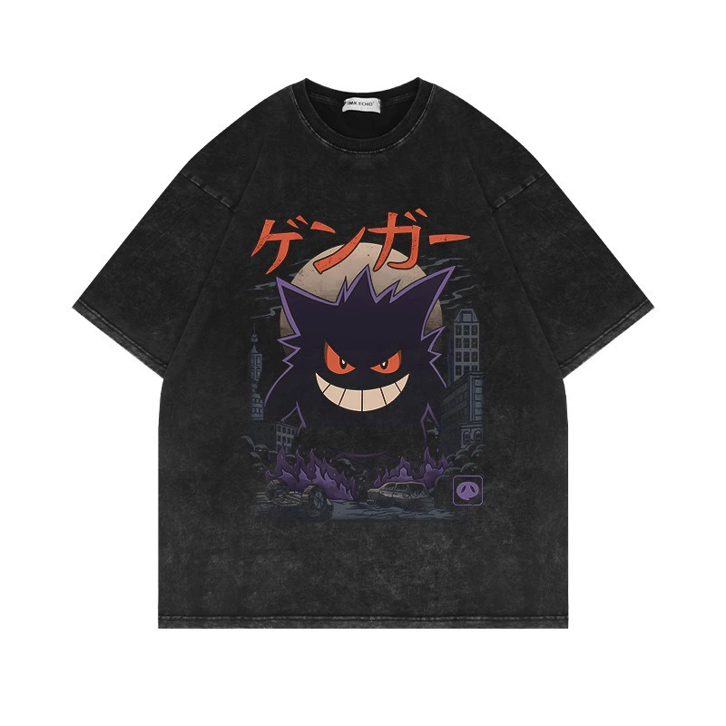 Футболка Pokémon с коротким рукавом, винтажная, с эффектом потертости, с начесом, в американском стиле, с изображением Генгар, аниме Pokémon