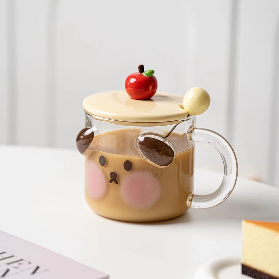 Personalidad creativa de dibujos animados Corazón de melocotón cerdo Cereza cachorro taza de vidrio en relieve taza de agua de desayuno de aspecto alto