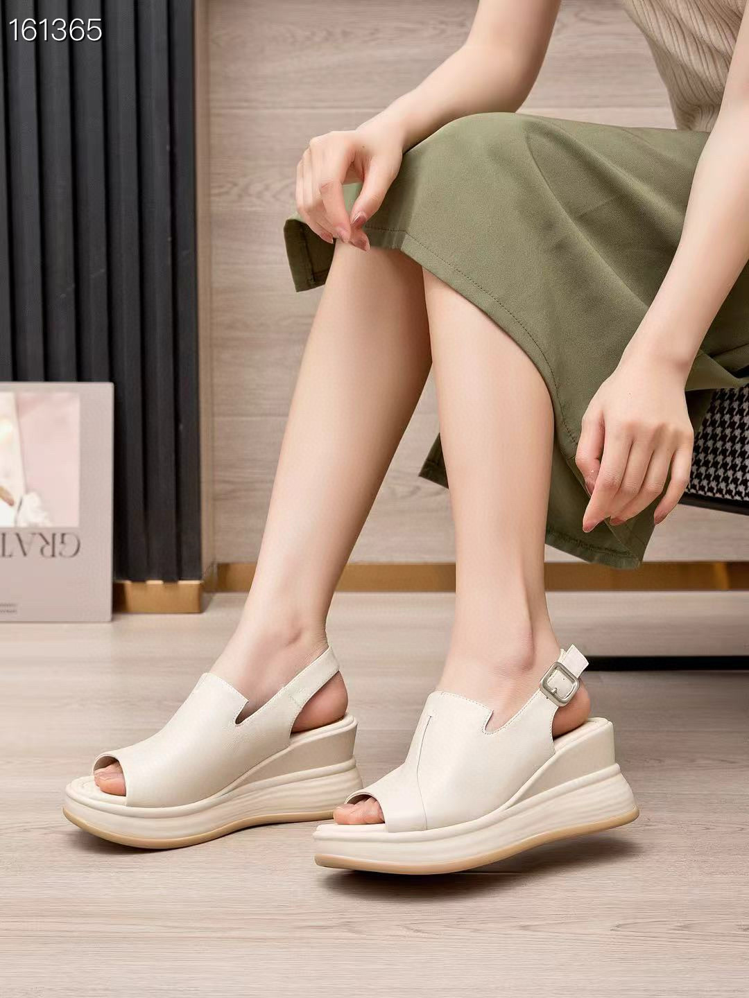 Sandal cao gót nữ đế xuồng da thật hở ngón mới xuân hè 2025 — Màu đen, Màu trắng be chi tiết 2