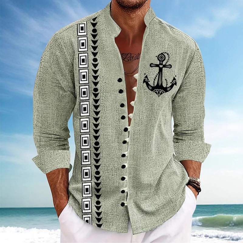 Men's Fashion Ethnic Style Tribal Totem Party Outer Wear Outdoor Tops Shirt Stand Collar Long Sleeve Casual Shirt Men's Fashion Ethnic Style Tribal Totem Party Outer Wear Outdoor Tops Shirt Stand Collar Long Sleeve Casual Shirt