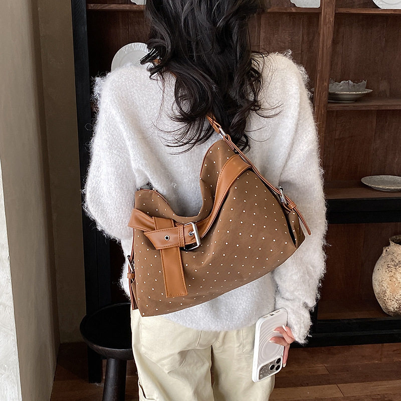 Túi tote nữ họa tiết chấm bi cỡ lớn, túi đeo vai và đeo chéo dung lượng lớn — màu cà phê, màu hồng, màu nâu, đen chi tiết 17