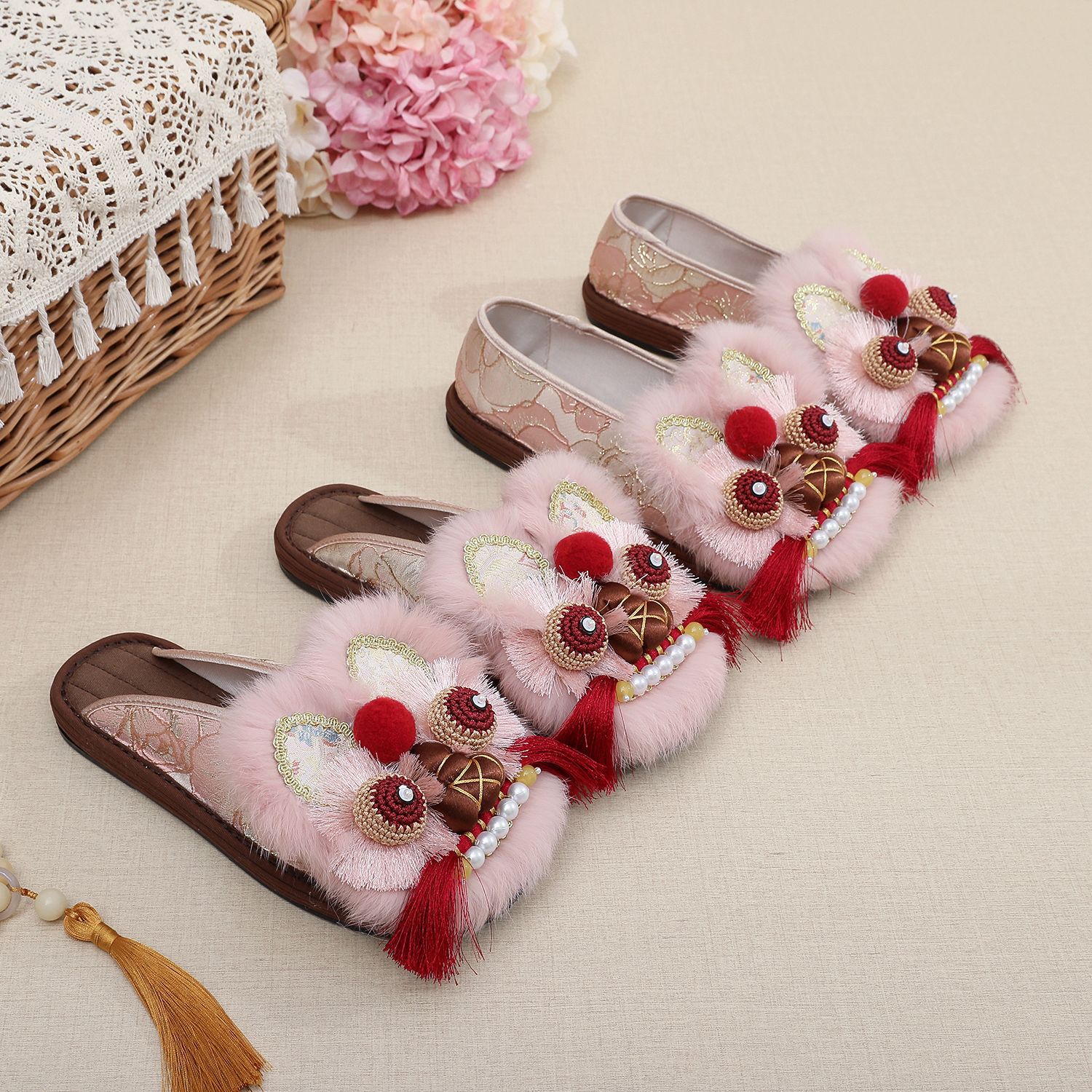 "Thousand Layers of Pink" 2026 New Model Handmade Original Real Fur Tiger Head Shoes, Flat Soft Heavy-Duty Cloth Sole Shoes