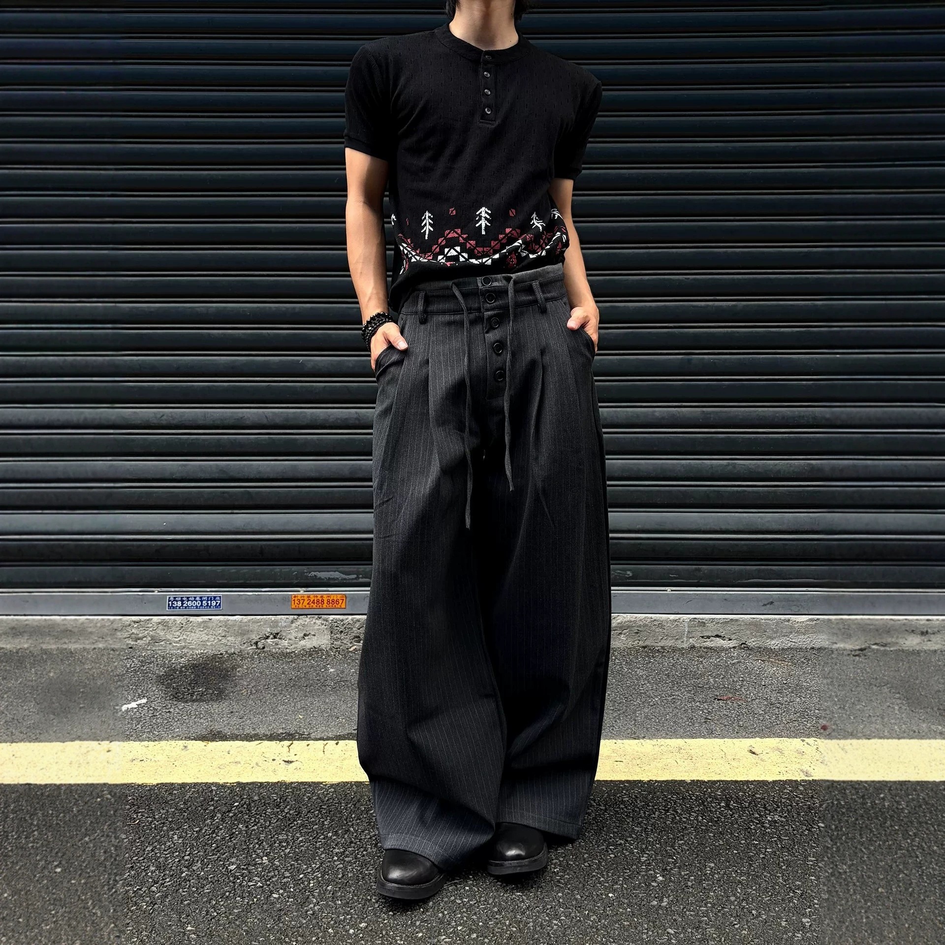 美式复古条纹双腰头休闲西裤男女宽松高级感显瘦垂感抽绳拖地长裤