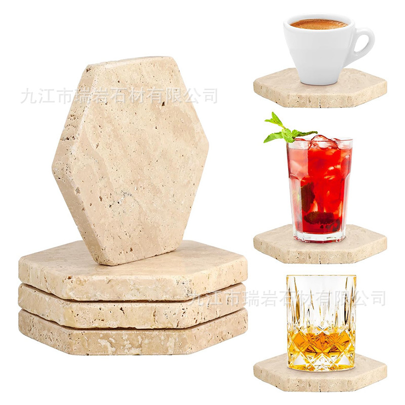 Posavasos de mármol de travertino natural de Amazon transfronterizo al por mayor, posavasos de café de whisky, accesorios de tiro absorbentes