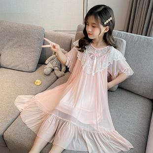 Girls' Palace Nightgown Princess Style Summer Kidsren's Pajamas Long Home Clothes Thin Mesh Lace Modal New Style