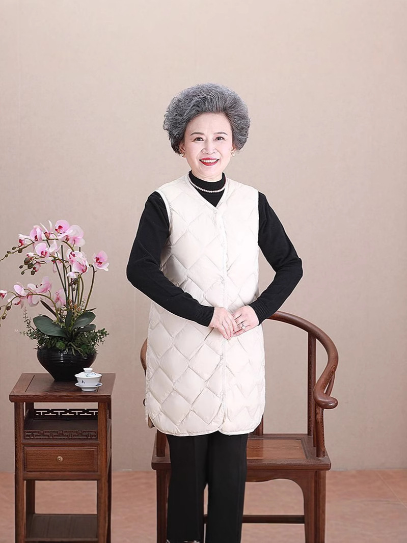 Chaleco de mediana edad y ancianos, ropa de madre, chaqueta de plumón de cuello redondo ligero, forro, chaleco, chaleco cálido de gran tamaño para mujer, chaleco, marea
