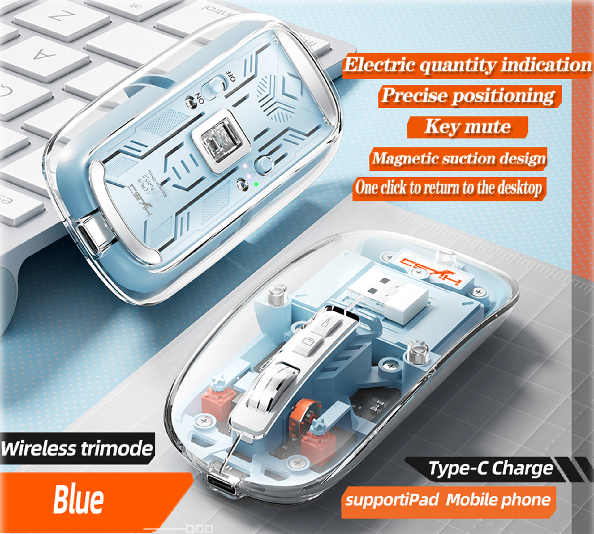 Le troisième examen simulé transparent 2.4G/Bluetooth 5.1 souris sans fil rechargeable magnétique silencieuse affichage de charge_voghion.com