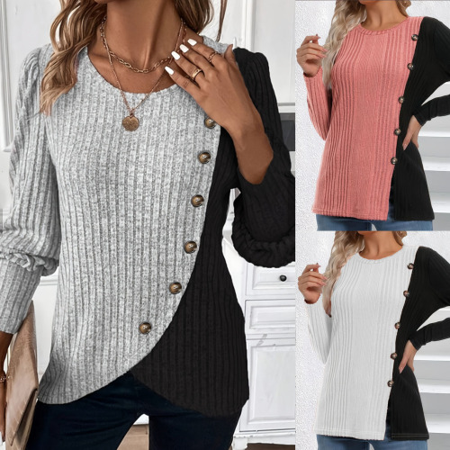 Amazon 2025 cross-border European and American women's autumn and winter new casual pit strip buttons long-sleeved top women's clothing