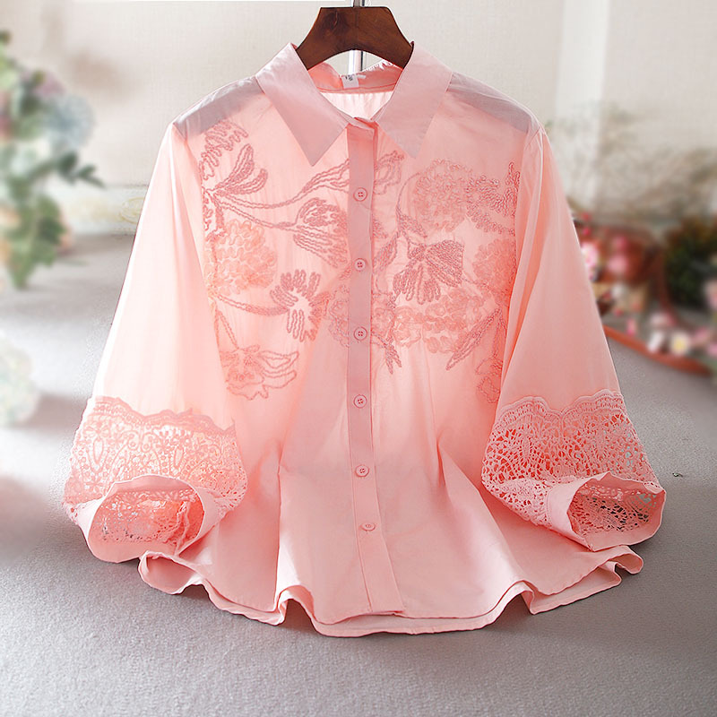 Celebrity Elegant High-class OL Lar Hollow Light Luxury Embroidered Heavy Industry Design Loose Shirt Women's Top