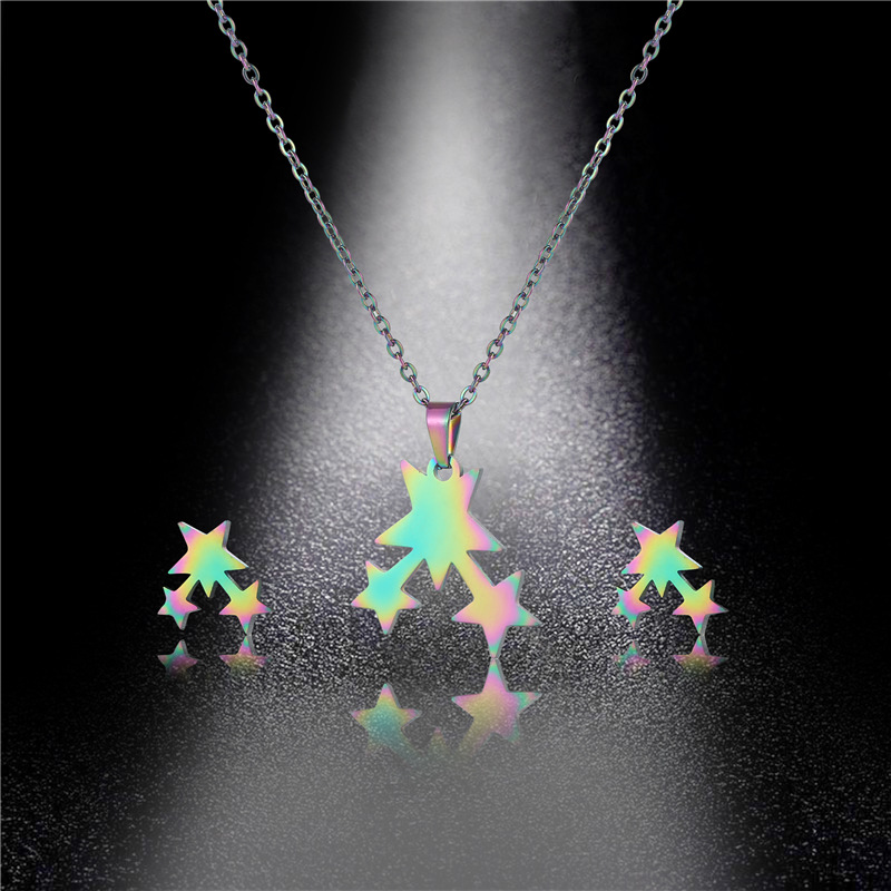 Stainless steel star necklace clavicle chain earrings set female colorful meteor pendant set chain e