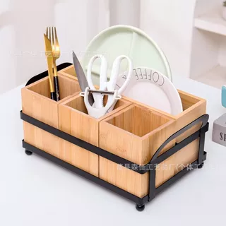 木制餐具盒厨房银器支架铁艺结合刀叉筷收纳盒学生文具分格储物盒