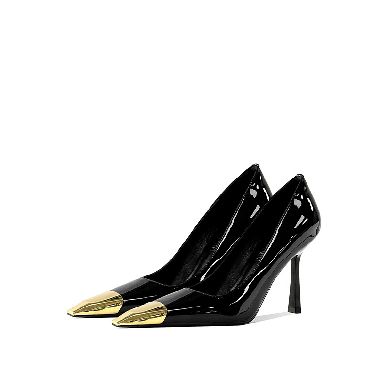 В наличии: женские туфли на шпильке в стиле Ян Шулина, с металлическим квадратным носком, сексуальные, черные, из лакированной кожи, с металлическим носком.