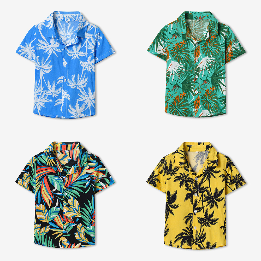 Cárdigan de algodón con estampado neutro de verano europeo y americano, abanico de moda, camisa de flores de vacaciones de manga corta hawaiana, ropa para niños transfronteriza al por mayor