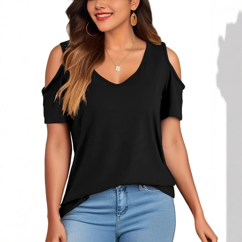 Bestselling Summer Women's Short Sleeve Sexy Shoulder-Strap V-Neck Basic Pure Color T-Shirt Top