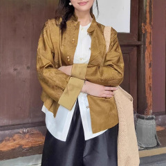 2025新款新中式篙端真丝人丝织金外套复古盘扣立领开衫上衣不退换