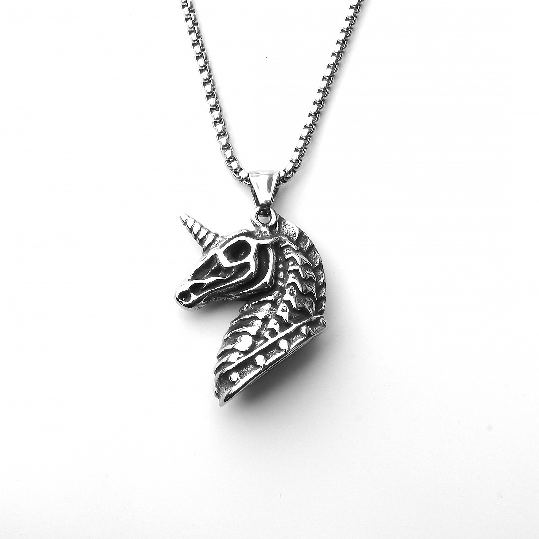 Collier tendance en acier inoxydable avec pendentif en forme de squelette de licorne pour homme et femme_voghion.com